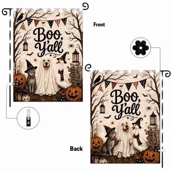 Halloween Lighted Garden Flag 12x18 Inch Double Sided with LED Lights, Boo Y'all Ghost Dog Witch Cat & Goose Yard Flag, Farmhouse Fall Pumpkin Outdoor Halloween Decorations