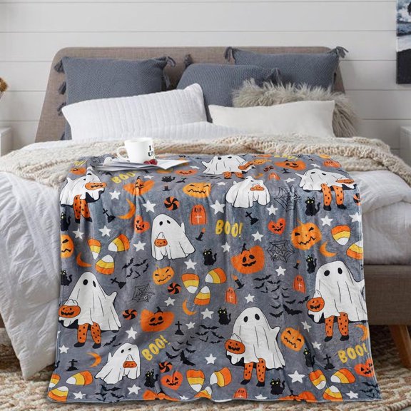 Halloween Boo Ghost Candy Print Flannel Throw Blanket, Soft Cozy Blanket, Warm Throw for Sofa Couch Bed, All Season