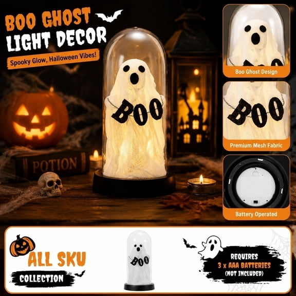 Halloween Boo Ghost Light, Halloween Tabletop Decorations, Battery Operated Spooky Warm Glow Decor for Halloween Party & Home