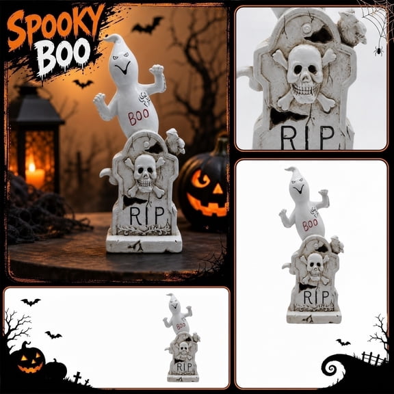 Halloween Boo Ghost on RIP Tombstone Figurine, Distressed Resin Skull Crossbones Gravestone Statue, Spooky Tabletop Decor for Tiered Tray, Haunted House & Fall Party
