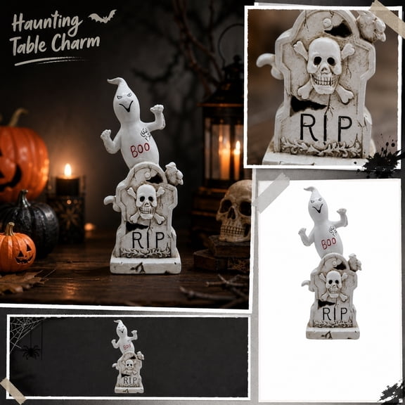 Halloween Boo Ghost on RIP Tombstone Figurine, Distressed Resin Skull Crossbones Gravestone Statue, Spooky Tabletop Decor for Tiered Tray, Haunted House & Fall Party