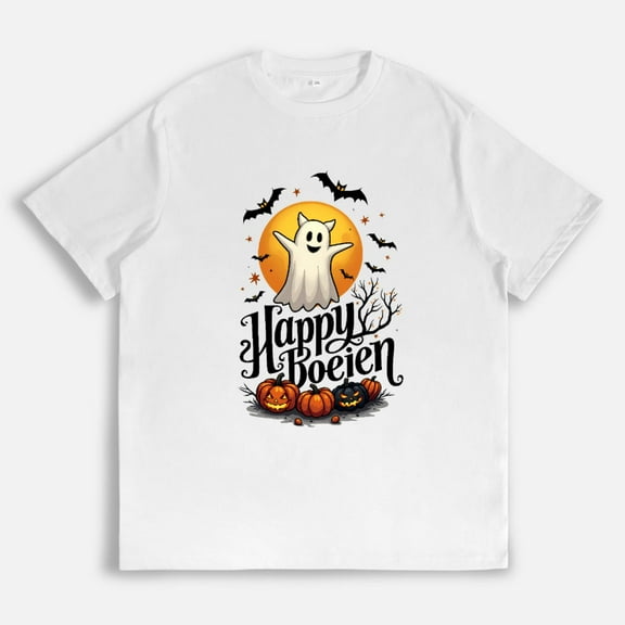 Halloween Boo Ghost T Shirt Whimsical Pumpkin Bat Graphic Tee Trendy Short Sleeve Round Neck White S-5XL