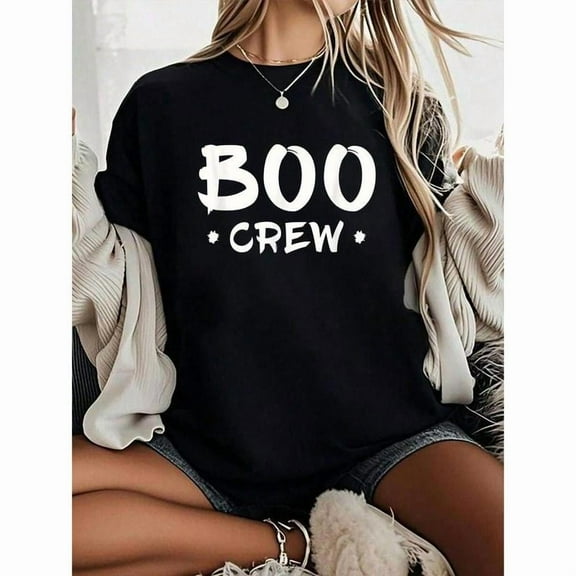 Women's Spooky & Fun - Loving "BOO CREW" Graphic Tees, Halloween - Themed Print Short - Sleeve Tops, Trendy Casual Shirts for Festive Statements