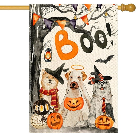 Halloween Boo House Flag Vertical Double Sided,Scary Pumpkin Ghost Spooky Dog 28 x 40 Inch Burlap Welcome Yard Flag for Halloween Farmhouse Holiday Yard Outdoor Decoration