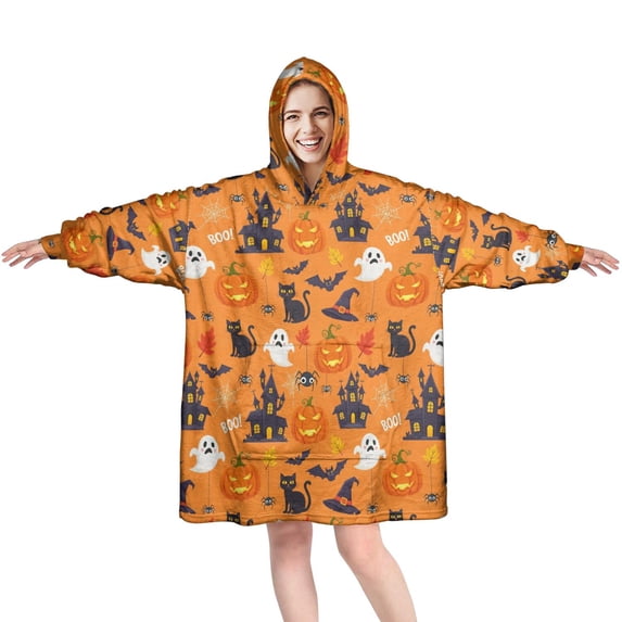 Halloween Boo House Orange Wearable Blanket Hoodie, Flannel Oversized Wearable Blanket Hoodies with Sleeves & with Sleeves & Pockets, Warm Gifts Ideas for Wife Son Mom Husband Daughter