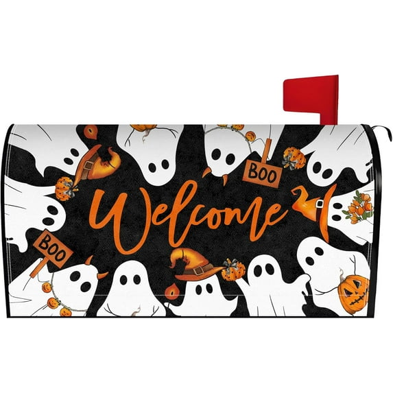 Halloween Boo Mailbox Cover Magnetic Ghost Mailbox Covers Halloween Spooky Post Letter Box Cover for Garden Yard Decor 25.5x21 Inch