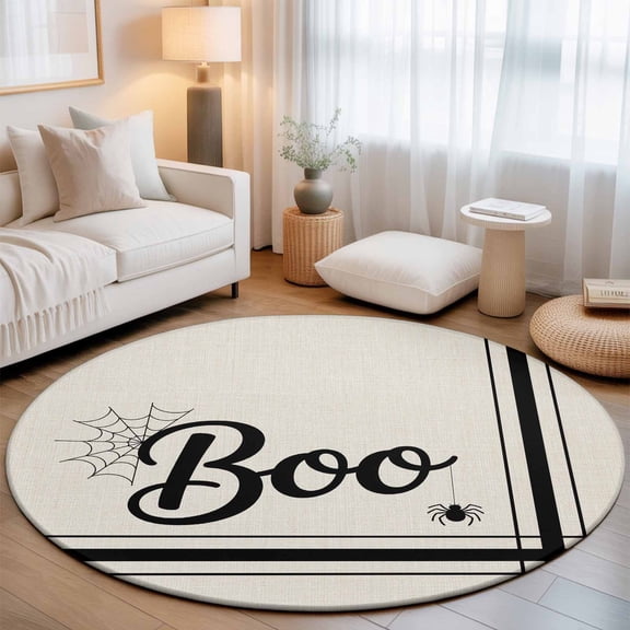 Halloween Boo Round Living Room Rugs 6 ft, Cowweb Black Striped Retro Linen Texture Washable Area Rug with Non-Slip Sturdy Edge Binding Round Carpet for Kitchen Office Bedroom