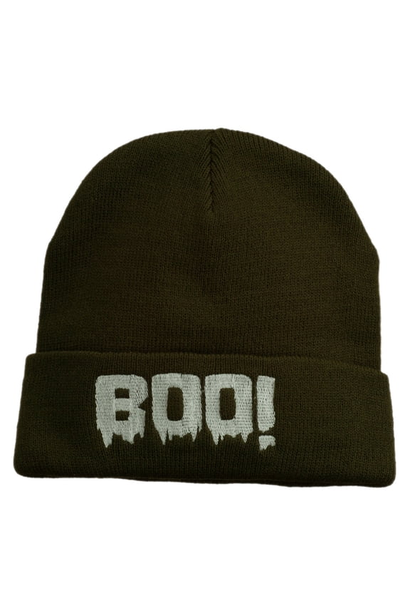 Halloween Boo Sign Embroidered Cuff Beanie - Olive OSFM