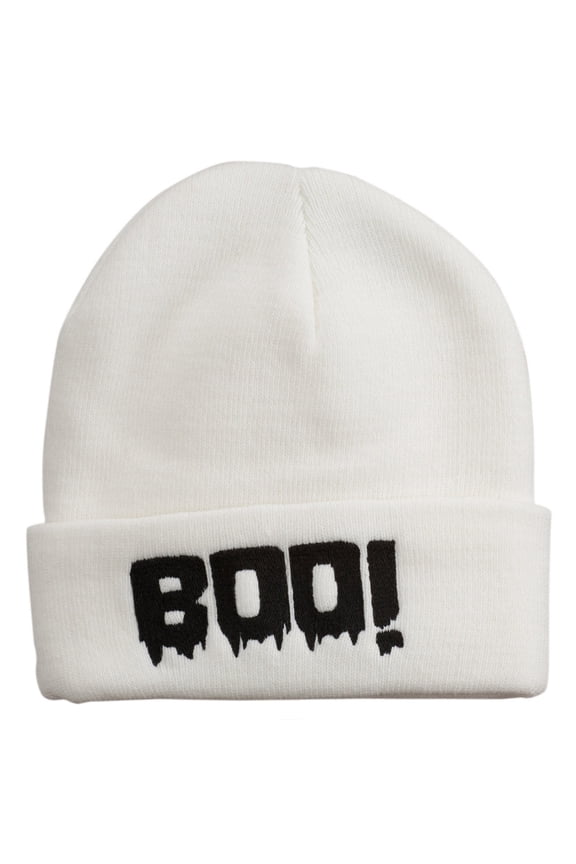 Halloween Boo Sign Embroidered Cuff Beanie - White OSFM