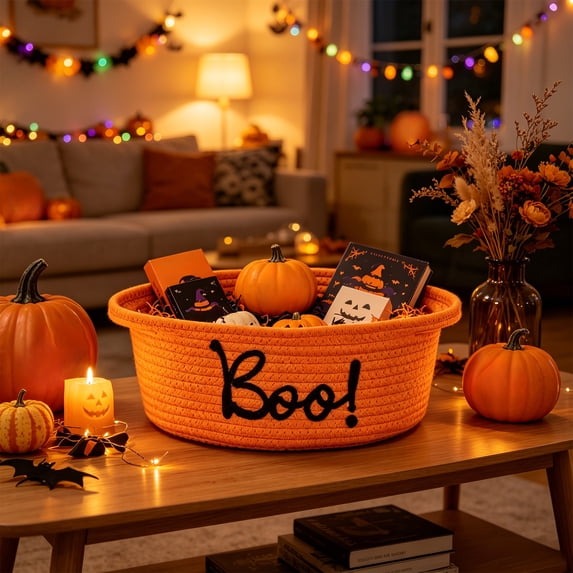 Halloween Boo Storage Basket,Festive Decorative Bin,Multi‑Purpose Organizer For Candy Holiday Decor Tabletop Home Decor