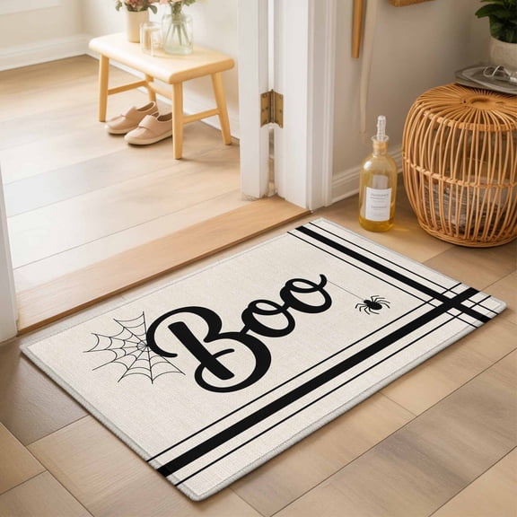 Halloween Boo Washable Small Entryway Area Rugs 2'x3', Cowweb Black Striped Retro Linen Texture Washable Throw Rug Non-Slip Sturdy Edge Binding Carpet for Front Door Floor Room Entry