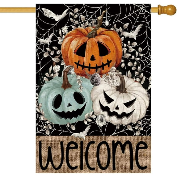 Halloween Boo Welcome House Flag Double Sided 28 x 40 Inch,Spooky Ghost Pumpkin Burlap Large Garden Flag for Halloween Farmhouse Holiday Yard Seasonal Outdoor Outside Decoration