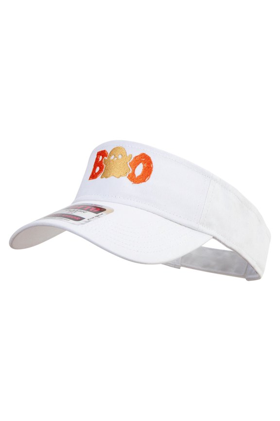 Halloween Boo with Ghost Embroidered Cotton Twill Sun Visor - White OSFM