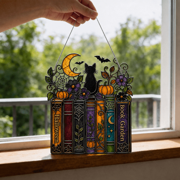 Halloween Book Garden Acrylic Suncatcher Window Hanging, Stained Glass Style Gift