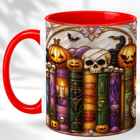 Halloween Bookshelf Coffee Mug, Pumpkin Library Mug, Ceramic 11 oz