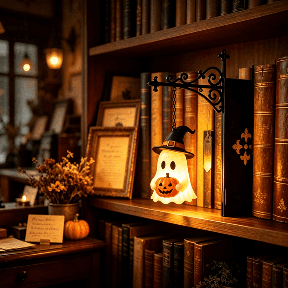 Halloween Bookshelf Lamp, Vintage Ghost Library Light with Bookend Base, Warm LED Book Nook Decor for Shelf Home (9.45x5.71x2.17in)