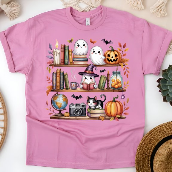 Halloween Bookshelf Shirt | Cute Ghost and Cat Reading Tee for Book Lovers, Azalea, Size 3XL