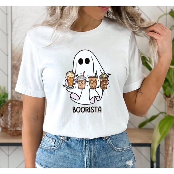 Halloween Boorista Ghost Graphic Tee Cotton Barista Humor Spooky Season T-Shirt Casual White S-5XL