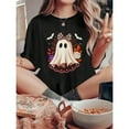 thumbnail image 1 of Halloween Bow Floral Ghost Graphic Tee T Shirt Top for Girls Short Sleeve Round Neck Casual Black S-5XL, 1 of 5