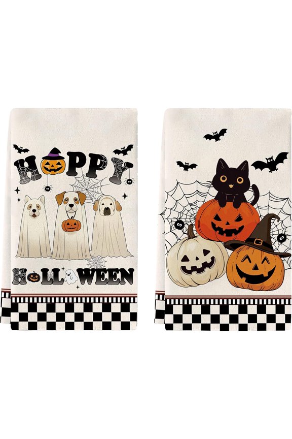 Halloween Bow Ghost Dish Towels, Funny Kitchen Dish Towels Set of 2, Kitchen Hand Towel Dishcloth Bow Halloween Decorative, Spooky Season Gift Ideas, Gift for Mom Women Bathroom Home, 26 X 17In