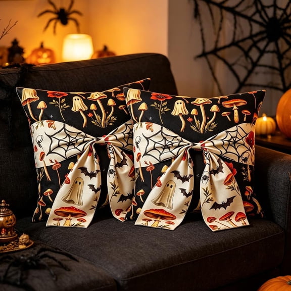 Halloween Bow Pillow Covers 18x18 Inch Set of 2, Gothic Ghost Mushroom Bat Floral Decor for Couch Sofa