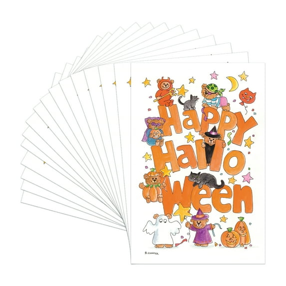 Halloween Boxed Greeting Card Multi-Pack Set (4x6) by Fravessi | 16 Cards + 17 Envelopes | Teddy Bear Costumes Design | White, Orange