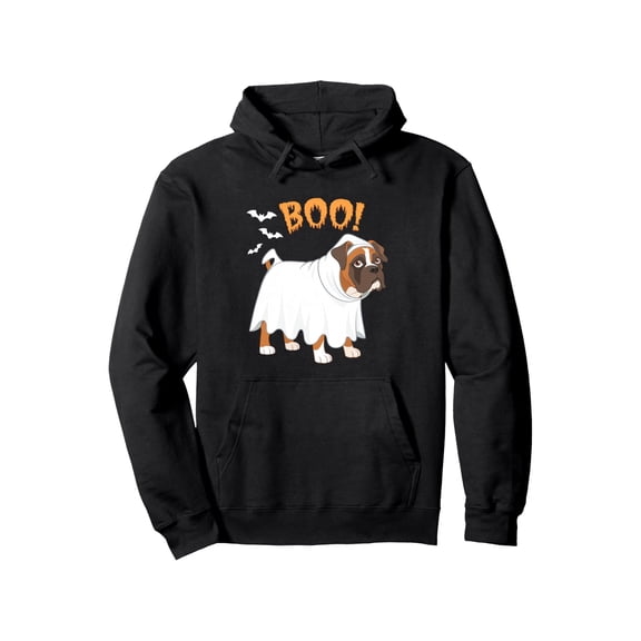 Halloween Boxer Dog & Boo Graphic Pullover Hoodie - 50% 50% Polyester 250gsm Unisex Sweatshirt with Cute Cartoon Boxer Dog & Boo Print, S-XXXL Sizes, All-Season Casual Wear for Men & Women, Funny Pet