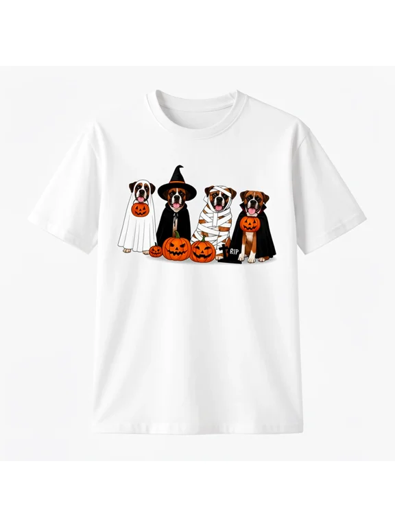 Halloween Boxer Dog Graphic T-Shirt Cotton Crew Neck Short Sleeve Pet Lover
