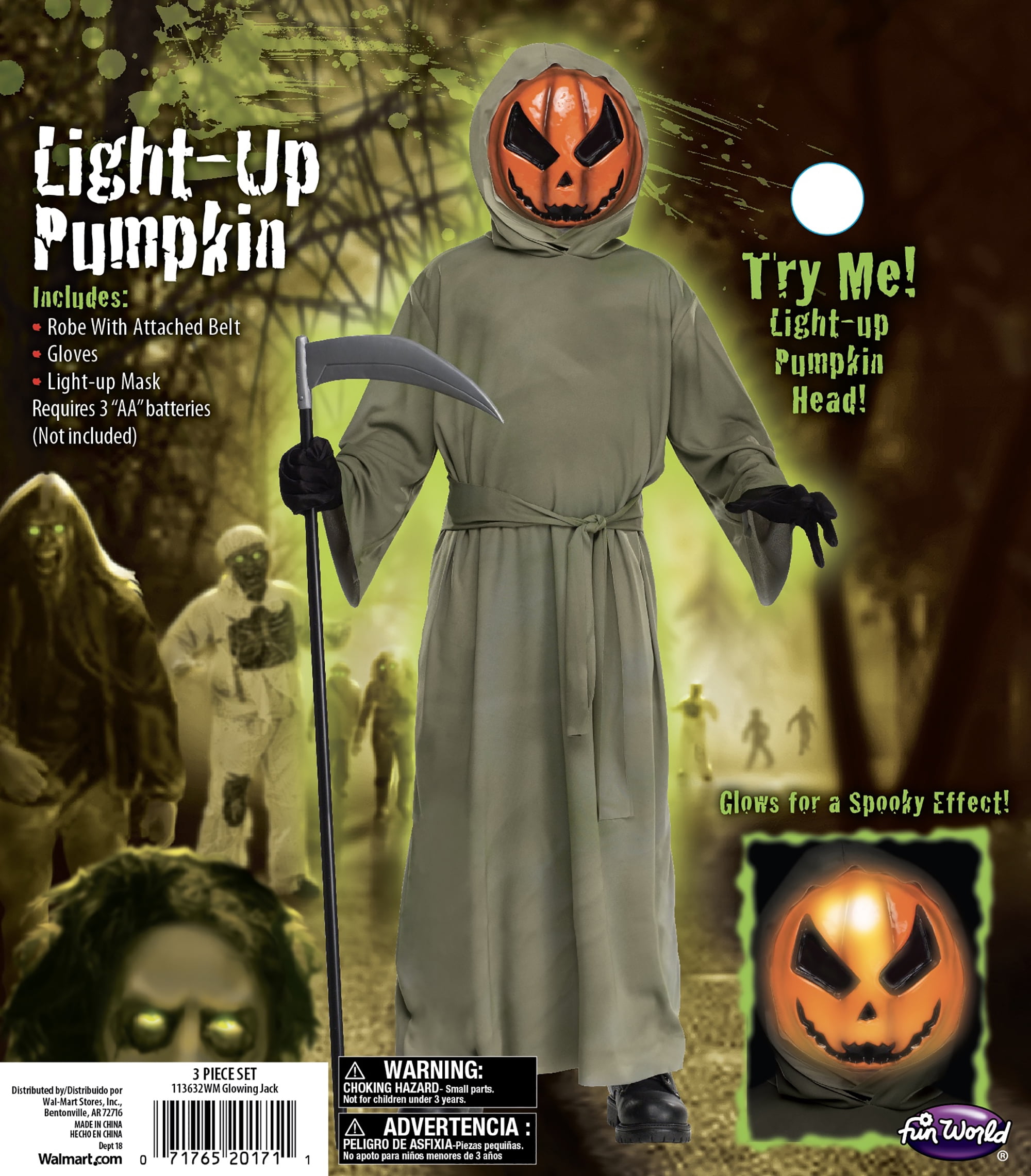 Halloween Boy's Light-up Pumpkin Costume Size Large by Fun World