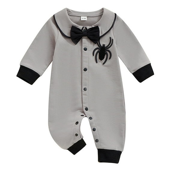 Halloween Baby Boy Gentleman Romper Jumpsuit Long Sleeve Embroidery Soft Round Neck Casual Play Outfit For Toddler 9-12 Months Grey