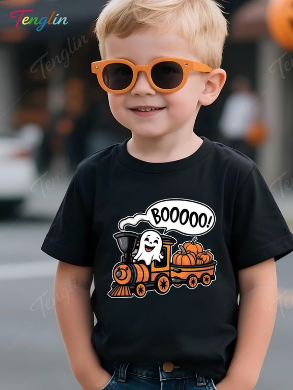 Halloween Boys T-Shirt Ghost Train With Pumpkins Boo 100% Cotton Short Sleeve Tees Gift For Kids