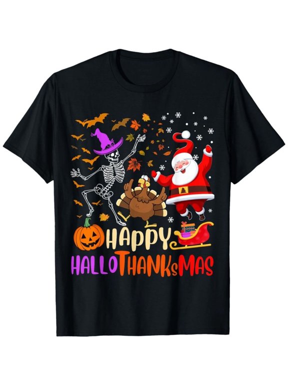 Halloween Boys T-Shirt Happy Hallothanksmas Holiday Fusion Design 100% Cotton Short Sleeve Tees Gift For Kids