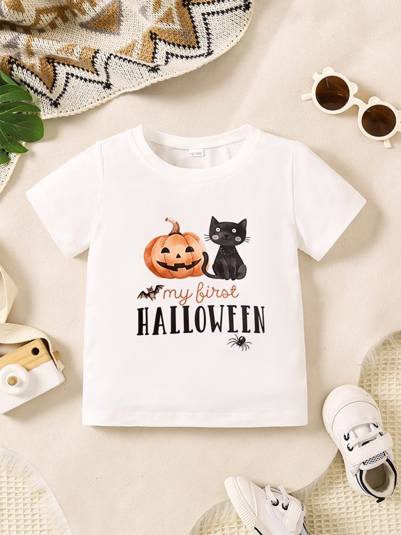 Halloween Boys T-Shirt My First Halloween Pumpkin Cat 100% Cotton Short Sleeve Tees Gift For Kids