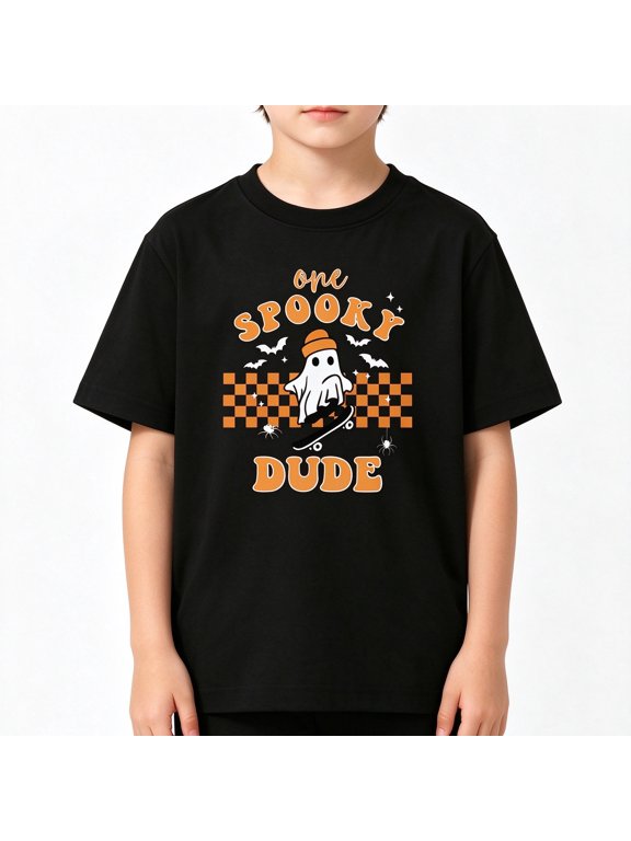 Halloween Boys T-Shirt One Spooky Dude Ghost 100% Cotton Short Sleeve Kids Tees Gift For Children Black