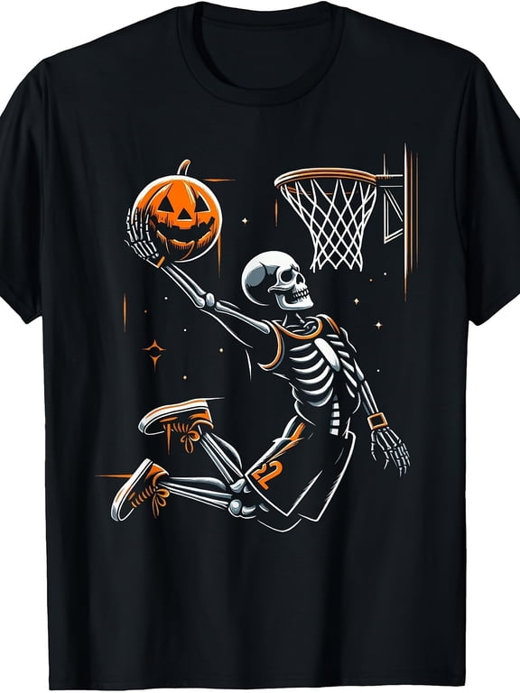 Halloween Boys T-Shirt Skeleton Dunking Pumpkin Basketball Hoop 100% Cotton Short Sleeve Tees Gift For Kids