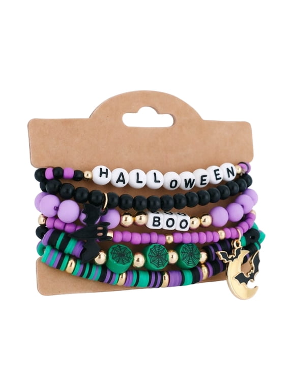 Halloween Bracelet Set - Soft Clay Beaded Bracelets with Ghost Spider Web Charms, Multi-layer Stackable Wristband for Women Party Favors