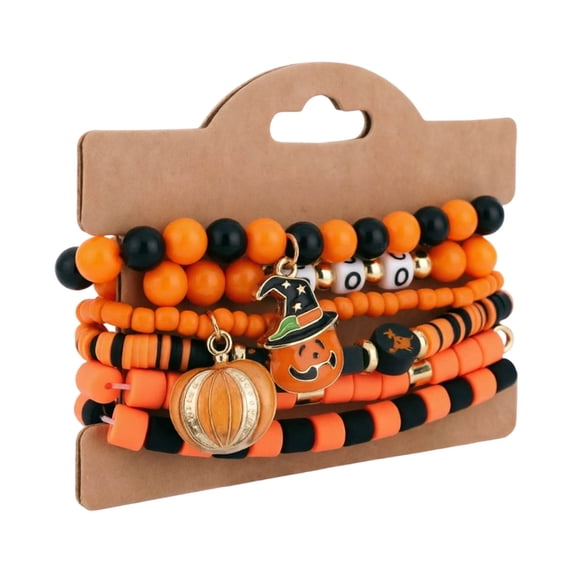 Halloween Bracelet Set - Soft Clay Beaded Bracelets with Ghost Spider Web Charms, Multi-layer Stackable Wristband for Women Party Favors