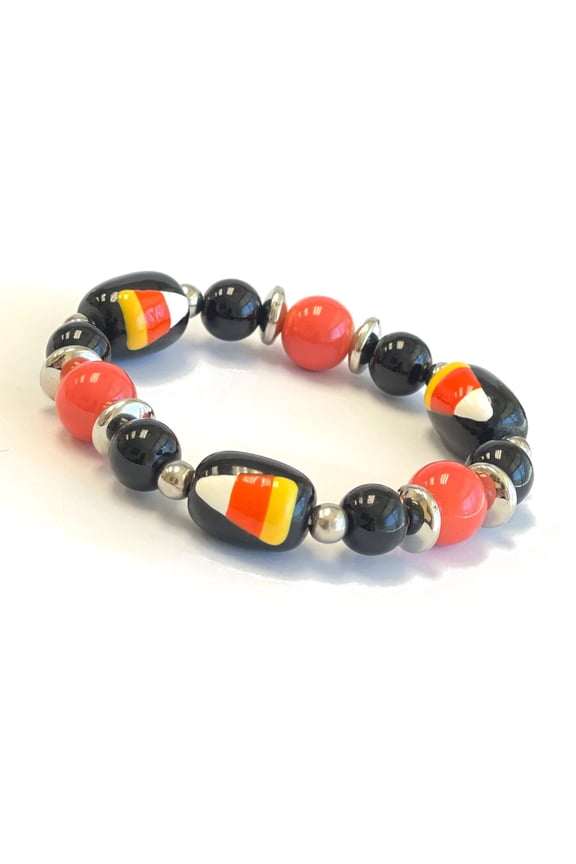 Halloween Bracelet for Women, Black Spooky Candy Corns Glass Beaded Stretch Bracelet, Gift for Her, 1 Pc