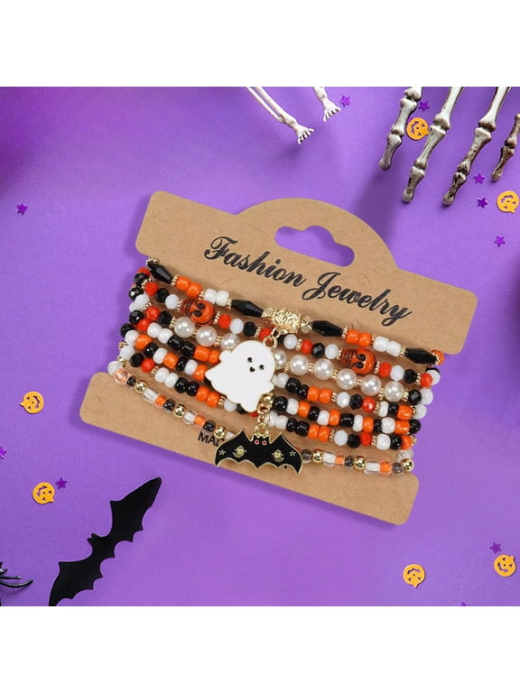 Halloween Bracelets Gothic Beaded Layered Bracelets Pack Stackable Stretch Ghost Spider Pumpkin Spooky Jewelry Accessories Gifts for Women and Kids(E)