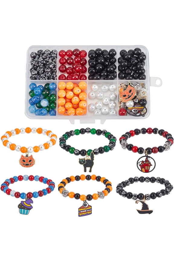 Halloween Bracelets Making Kit Including Acrylic & Alloy & Glass Imitation Pearl Beads Alloy Enamel Pendants Owl & Cat & Witch & Haunted House/Castle Mixed Color 195Pcs/box