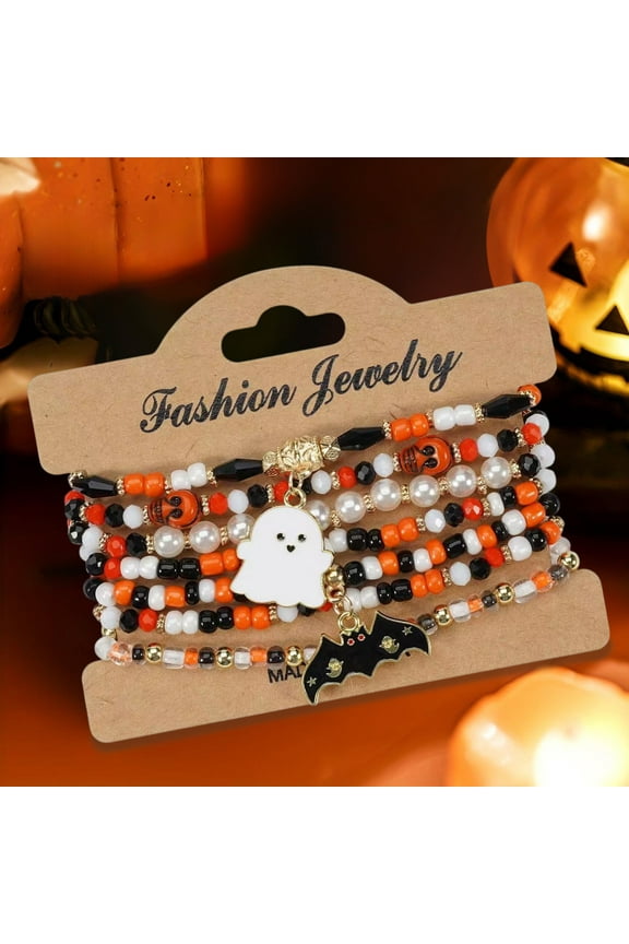 Halloween Bracelets Set 2025 - Gothic Layered Beaded Jewelry | Stackable Stretch Bracelets with Spooky Charms | Bat Pumpkin Spider Costume Accessories for Women & Teens