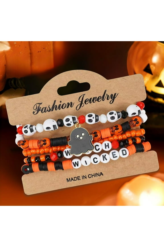 Halloween Bracelets Set - Gothic Layered Beaded Bracelets (Spooky Ghost, Pumpkin, Spider Design)