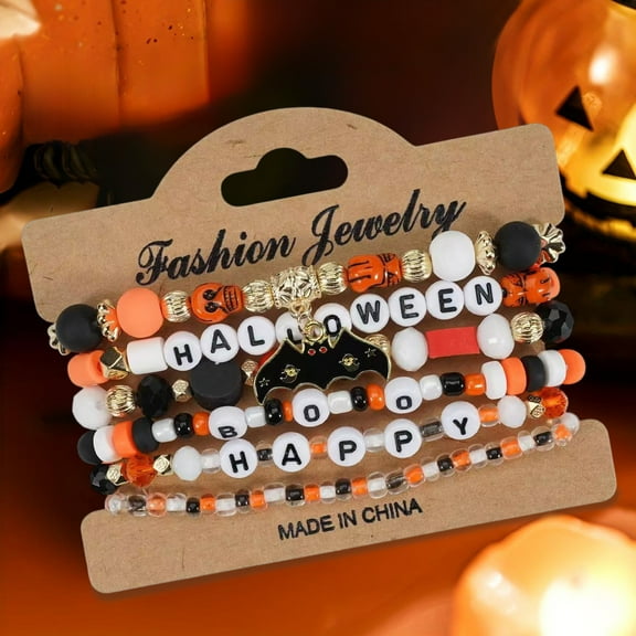 Halloween Bracelets Set | Gothic Layered Beaded Stackable Stretch Bracelets | Multicolor Ghost Pumpkin Bat Spider Charms | Resin Polymer Beads | Women’s Halloween Jewelry Gift | 1 Pack