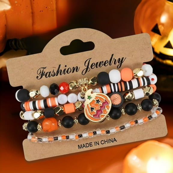 Halloween Bracelets for Women Stretchable Beaded Jewelry Set with Skull Bat Pumpkin Spooky Party Accessories Gift
