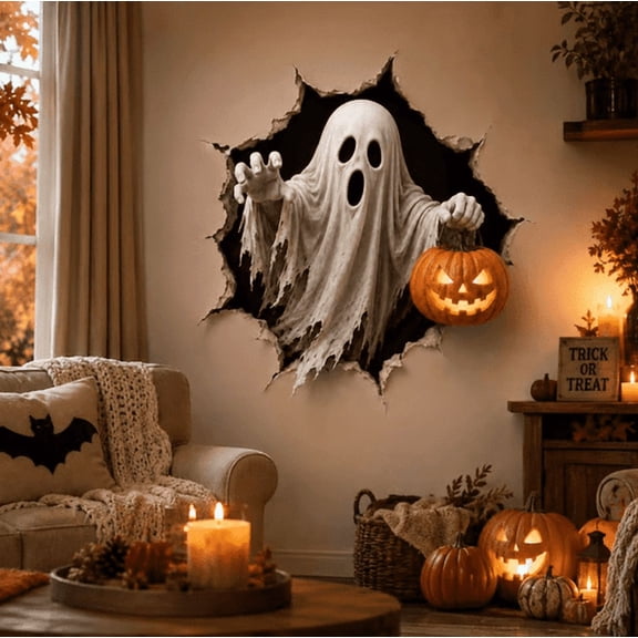 Halloween Break-In 3D Wall Decals, Horror Halloween Wall Decor, Self Adhesive Wall Stickers for Window Bedroom Halloween Indoor Decor (Ghost)