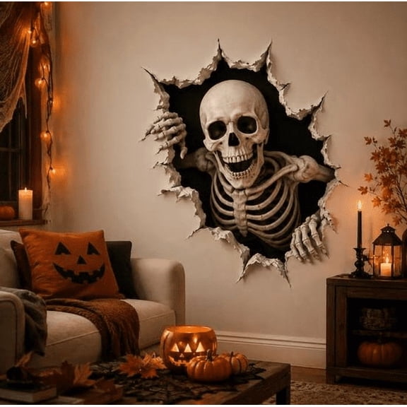 Halloween Break-In 3D Wall Decals, Indoor Halloween Decor Supplies, Scary Peel And Stick Wall Clings for Home Party Window Room Decoration (Skeleton)