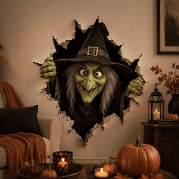 Halloween Break-In 3D Wall Decals, Indoor Halloween Decor Supplies, Scary Peel And Stick Wall Clings for Home Party Window Room Decoration (Witch)