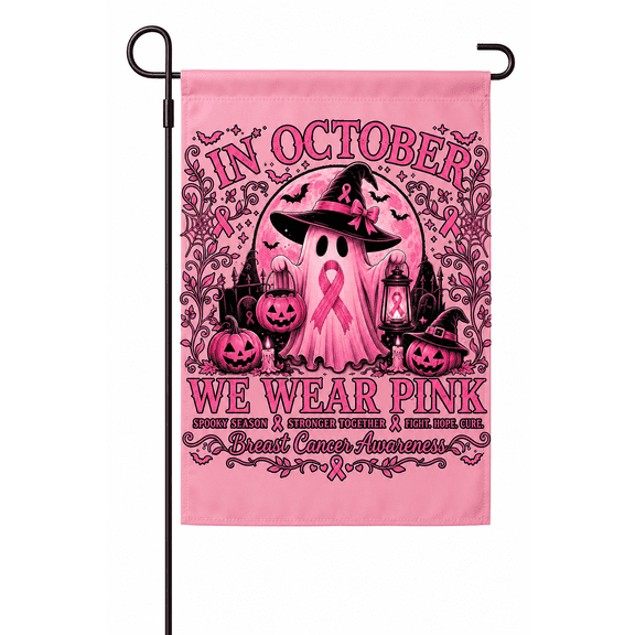 Halloween Breast Cancer Awareness Garden Flag, In October We Wear Pink Ghost Double-Sided Yard Flag, 12 x 18 Inch Polyester Outdoor Decoration