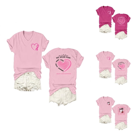 Halloween Cancer Awareness Shirts for Women Short Sleeve V Neck in October We Wear Pink Graphic T Shirt