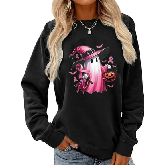 Halloween Breast Cancer Ghost Pumpkin with Pink Ribbon Print Halloween Shirt Long Sleeve Shirts For Women Black One-piece